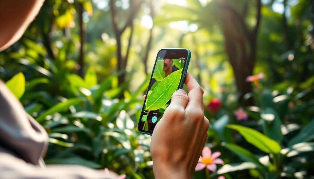 Pessoa identificando uma planta com a câmera do celular