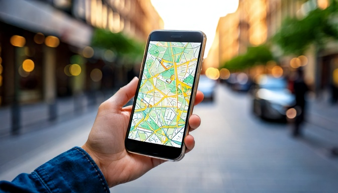 Mão segurando smartphone com aplicativo de mapa aberto em rua urbana