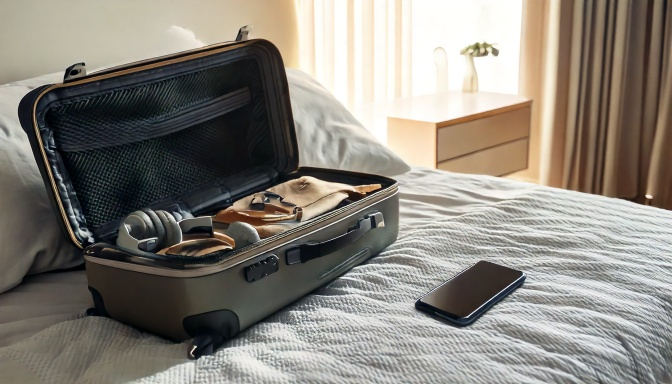 Mala de viagem aberta em cima da cama com celular e fones de ouvido ao lado