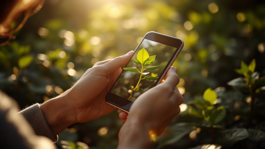 Mãos segurando celular fotografando uma folha verde ao ar livre com luz do sol
