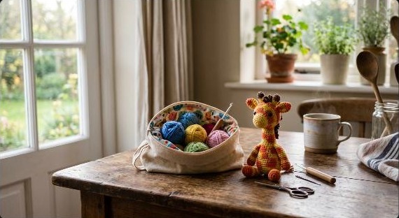 Bolsa de projeto de crochê com novelos de lã coloridos e amigurumi de girafa sobre mesa de madeira