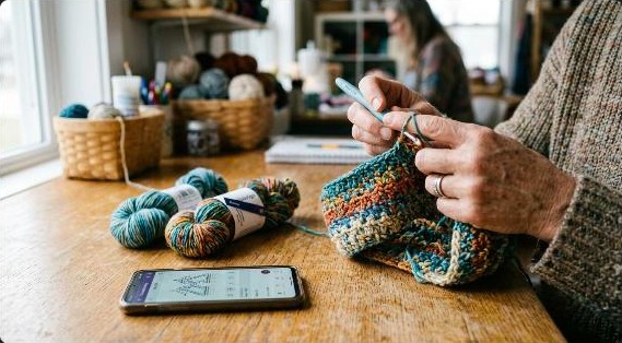 Mãos segurando agulha de crochê e novelos de lã coloridos sobre mesa de madeira