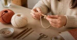 Kit de crochê para iniciantes sobre a mesa: novelos, agulhas, tesoura e marcadores, enquanto as mãos fazem o nó inicial