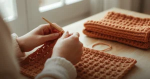 Mãos fazendo crochê com agulha de madeira e linha cor de terracota, peças prontas sobre a mesa