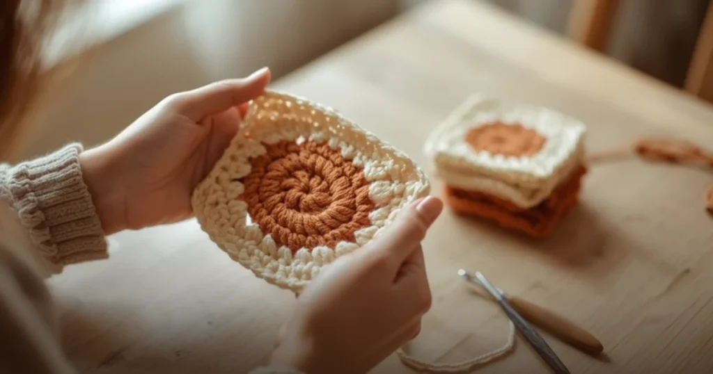 Mãos segurando um quadrado de crochê creme e terracota, com outros quadrados e agulha sobre a mesa