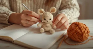 Mãos com agulha de crochê ao lado de um ursinho de amigurumi, um caderno aberto e um novelo terracota