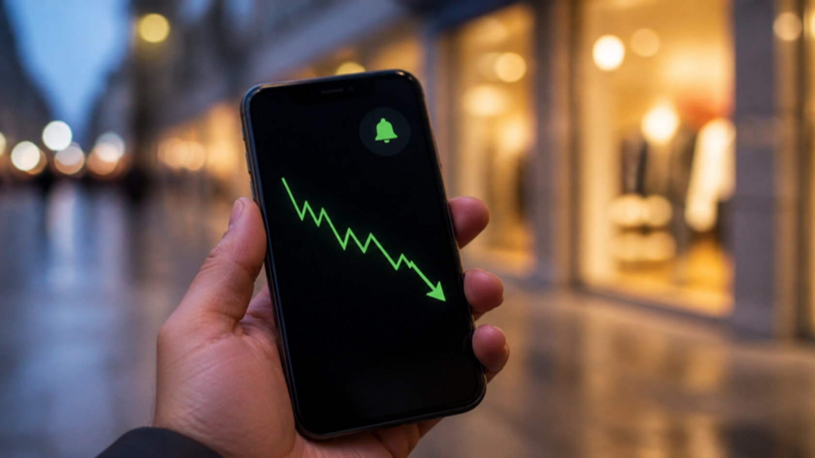 Celular com gráfico de preço em queda em rua de lojas
