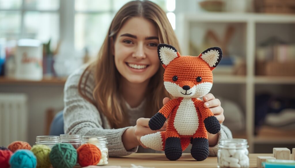 Jovem sorrindo mostrando uma raposa de amigurumi feita de crochê sobre a mesa de artesanato