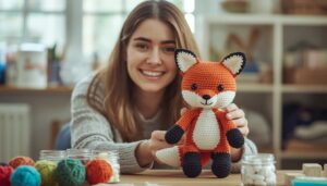 Jovem sorrindo mostrando uma raposa de amigurumi feita de crochê sobre a mesa de artesanato