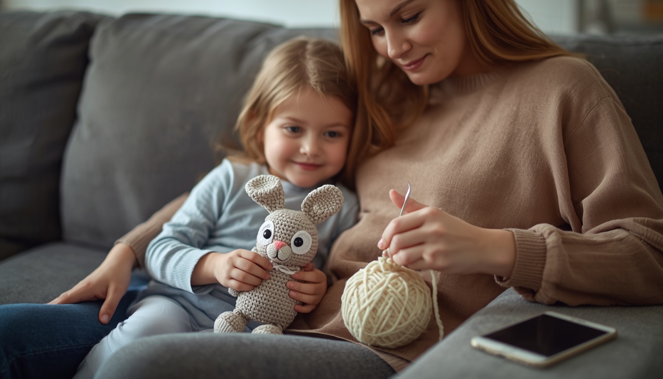 Mãe fazendo crochê no sofá ao lado da filha, que sorri segurando um coelhinho de amigurumi