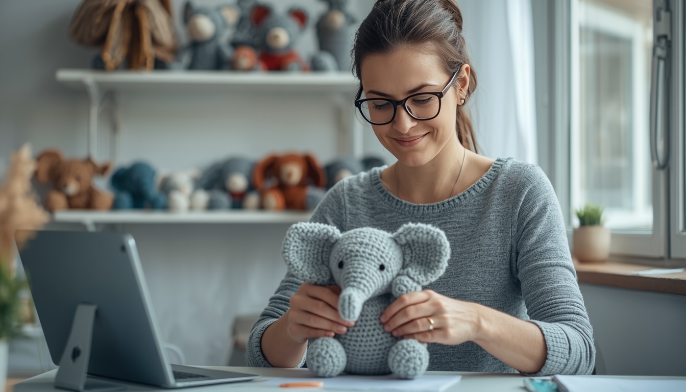 Mulher de óculos montando um elefante de amigurumi, com bichinhos de crochê na prateleira ao fundo