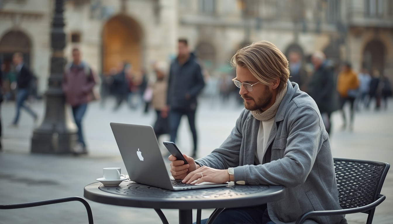 Aplicativos para encontrar wifi grátis: viajante conectado em um café ao ar livre