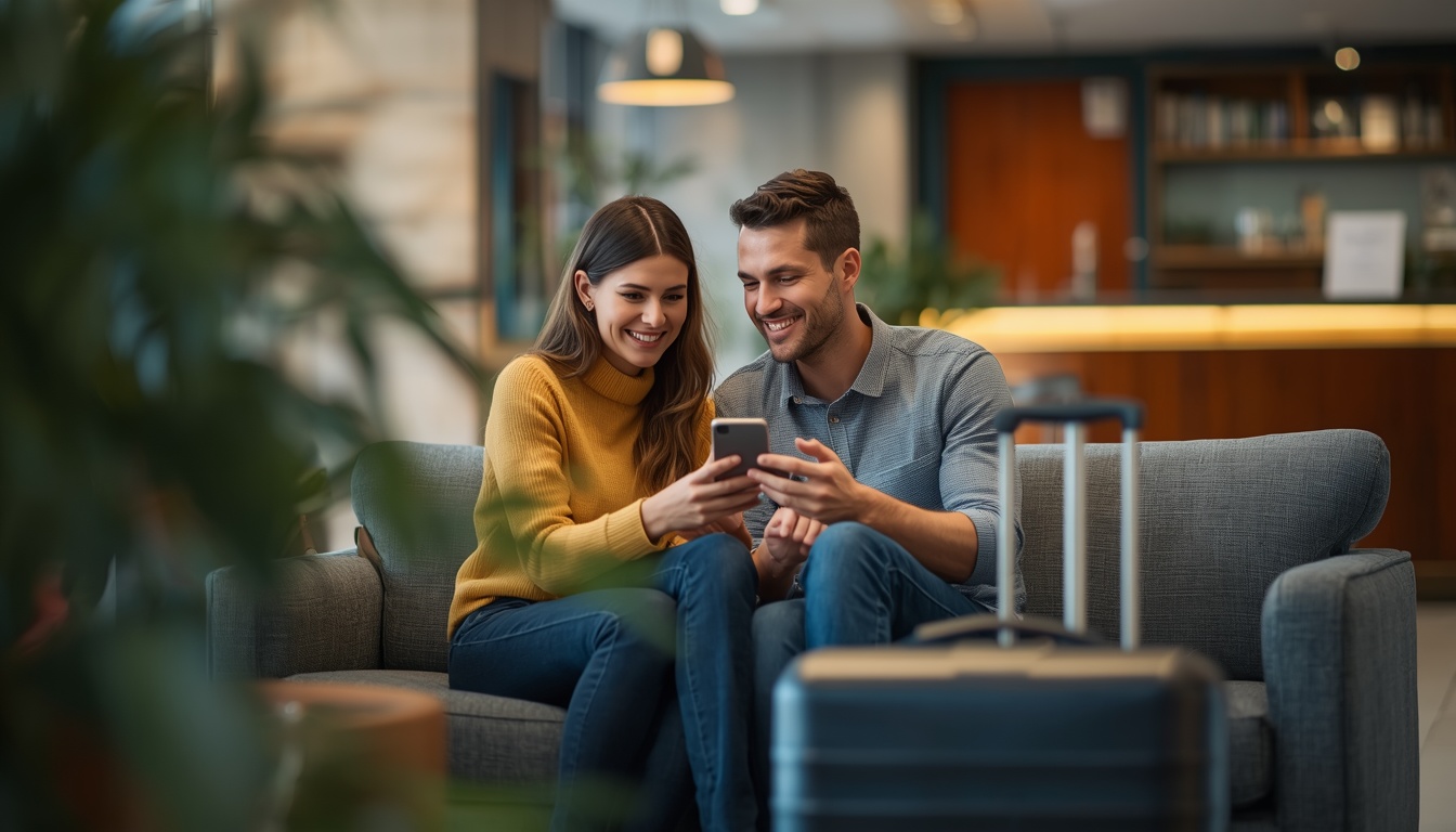 Aplicativos para encontrar wifi grátis: casal usando o celular no saguão de um hotel
