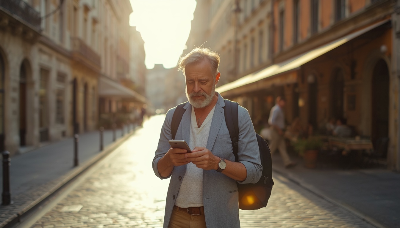 Aplicativos para encontrar wifi grátis: turista conferindo o celular em uma rua europeia