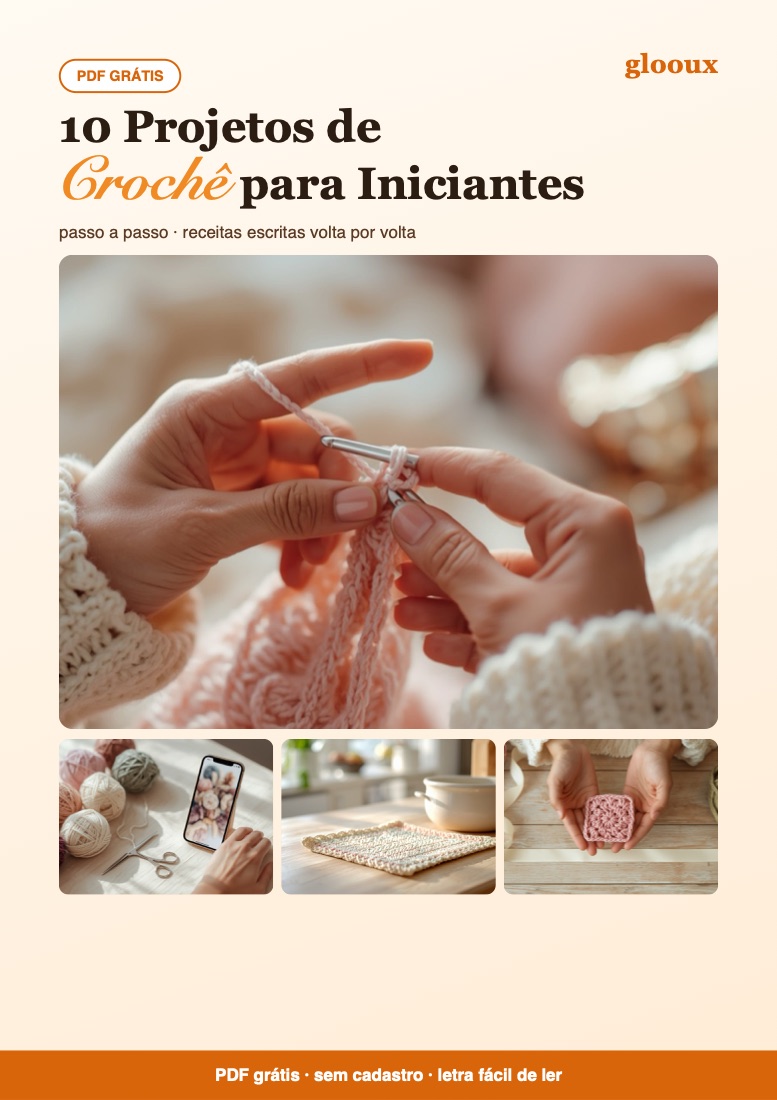 Capa do guia gratuito 10 Projetos de Crochê para Iniciantes, com foto em close de mãos fazendo um ponto de crochê em fio rosa