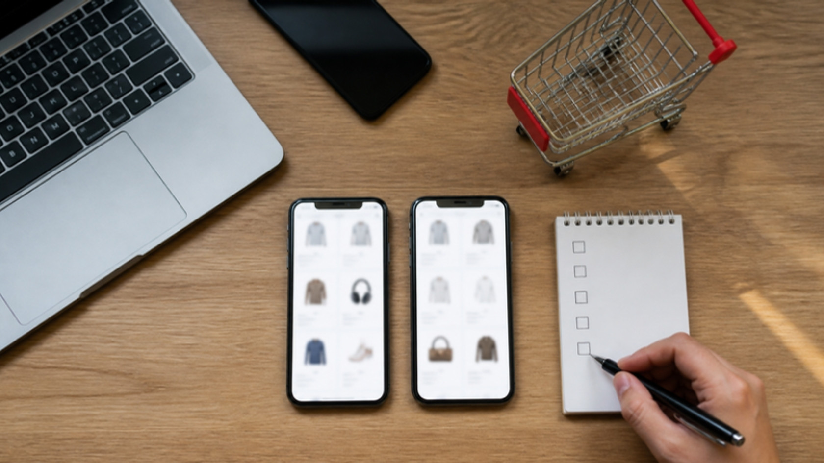 Mesa com celulares comparando produtos, lista e carrinho