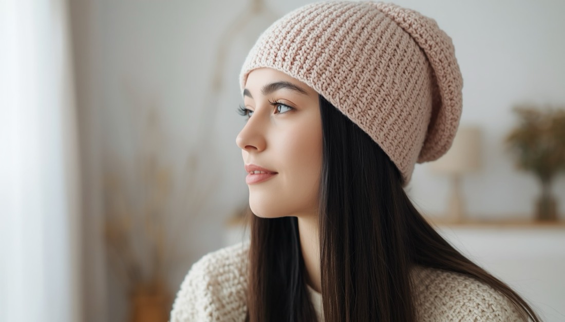 Mulher jovem de cabelo preto liso, de perfil, usando um gorro de crochê rosa claro com barra