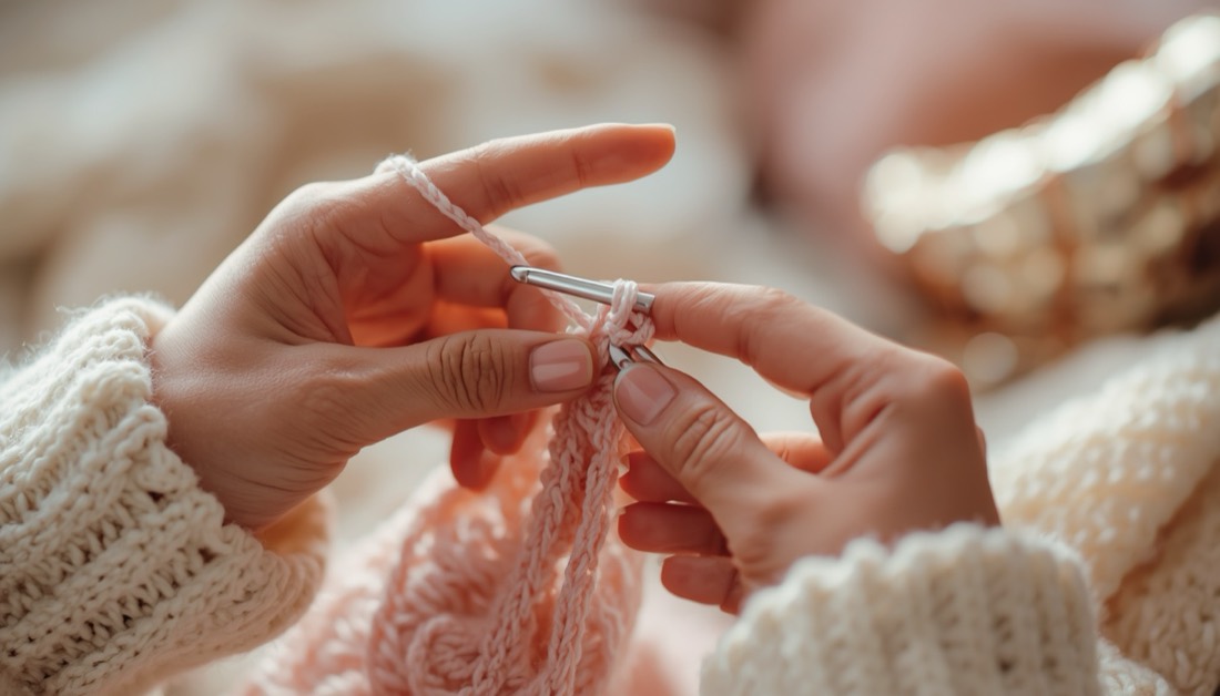 Close das mãos fazendo um ponto de crochê com fio rosa e agulha prateada