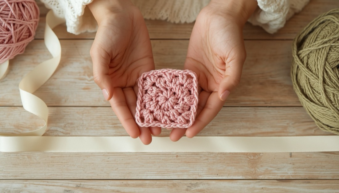 Mãos segurando um quadrado da vovó de crochê rosa e creme, com uma fita lisa ao fundo