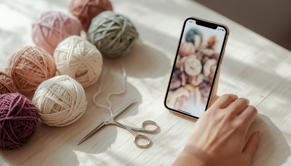 Mesa com novelos de fio, tesoura e um celular com uma foto de flores, enquanto uma mão segura o fio