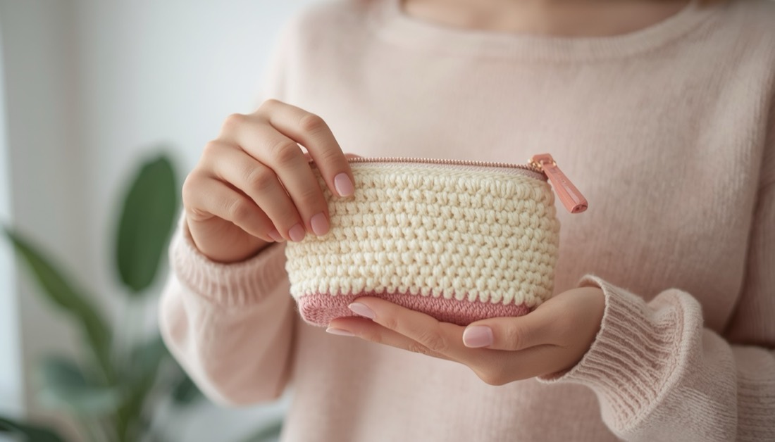 Pessoa de suéter rosa segurando uma necessaire de crochê creme com zíper rosa