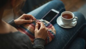 Crochê para iniciantes: mãos fazendo uma touca de crochê ao lado do celular