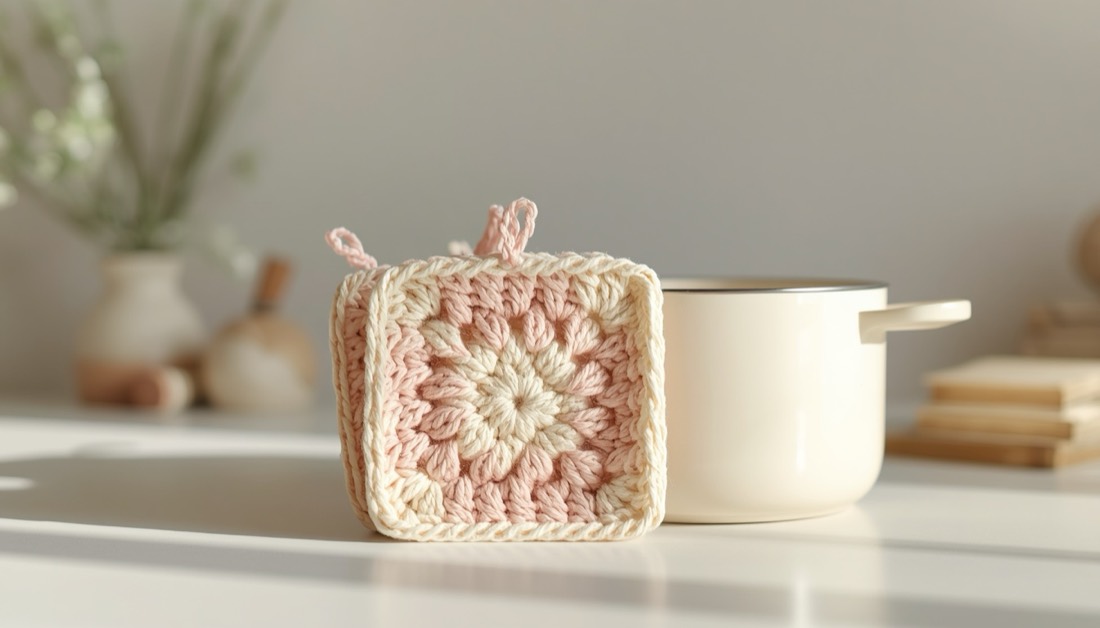 Pegador de panela de crochê quadrado em rosa e creme, com alça de pendurar, ao lado de uma panela clara