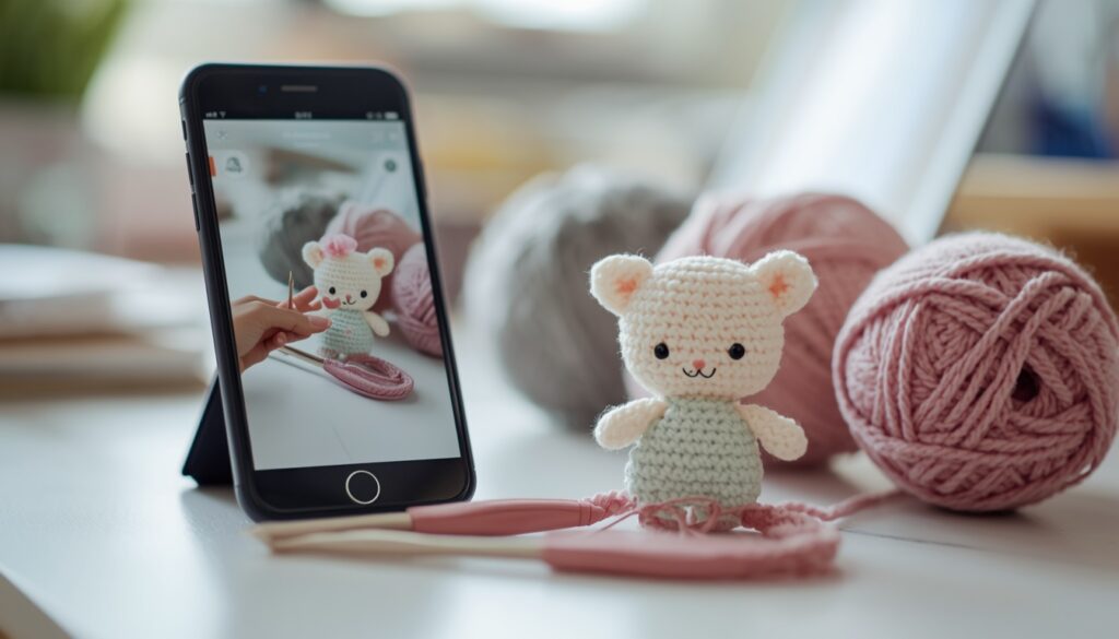 Celular apoiado na mesa mostrando um tutorial ao lado de um amigurumi, agulha de crochê e novelos de lã