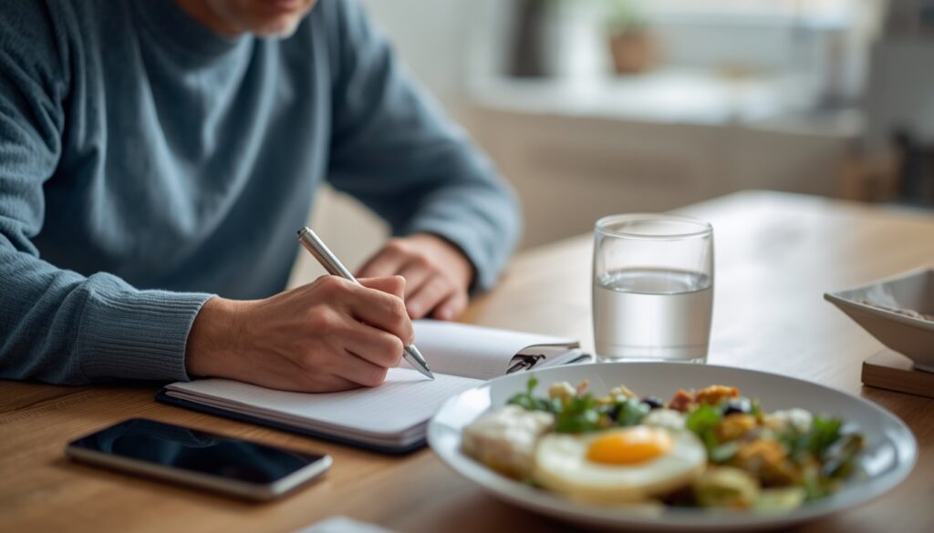 Pessoa anotando em um caderno na mesa da cozinha, com copo de água, prato de comida e celular ao lado