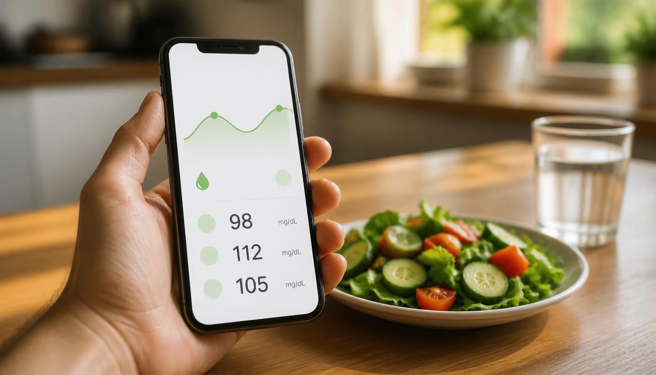 Diário de glicose: mão segurando o celular com um gráfico e valores em mg/dL, ao lado de um prato de salada e um copo de água