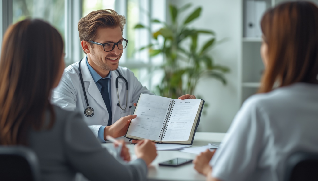Médico mostrando o diário de glicose em um caderno de registros para duas pessoas na consulta