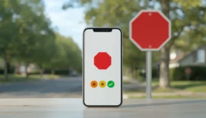 Smartphone showing a road sign quiz, permit test practice