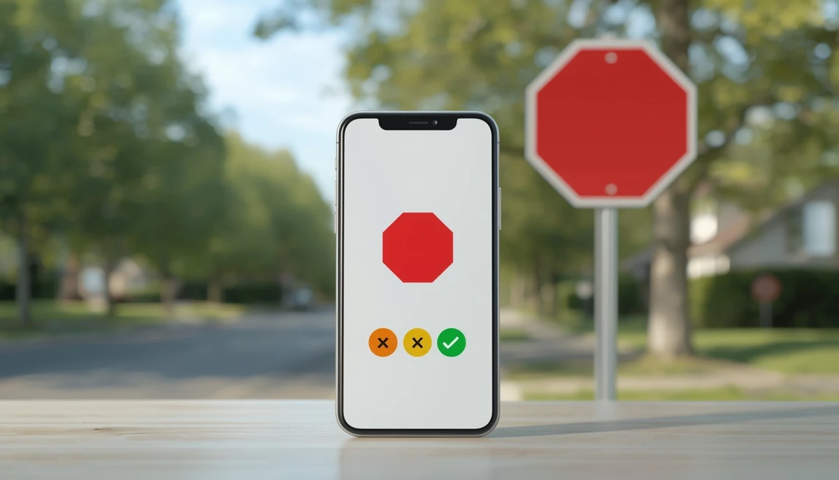 Smartphone showing a road sign quiz, permit test practice