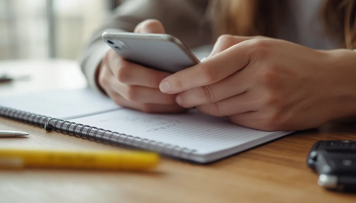 Celular e caderno para estudar o teste de permissão em dez minutos por dia