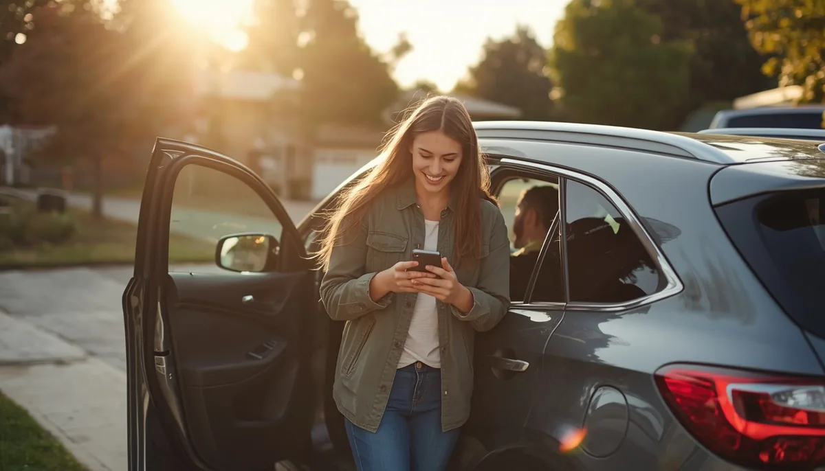 Jovem com o celular ao lado de um carro, em preparação para o teste de permissão