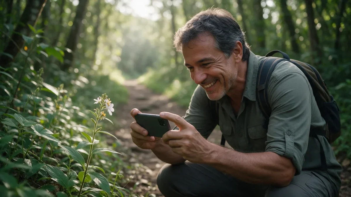 Homem sorrindo fotografa uma flor com o celular para identificar plantas na trilha
