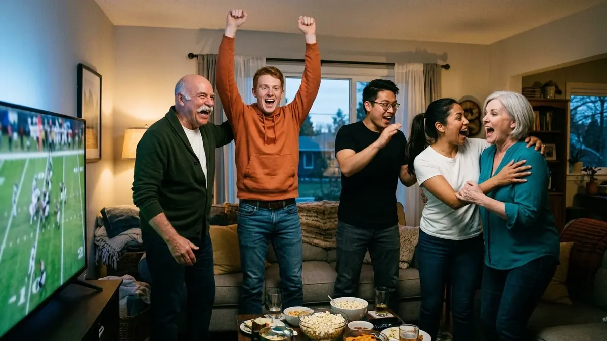 Five friends standing and celebrating a touchdown in the living room in front of the TV
