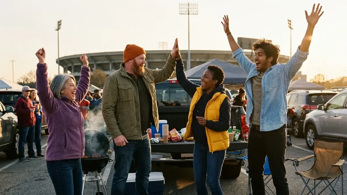 Friends cheering at a tailgate next to a grill and a cooler before the game