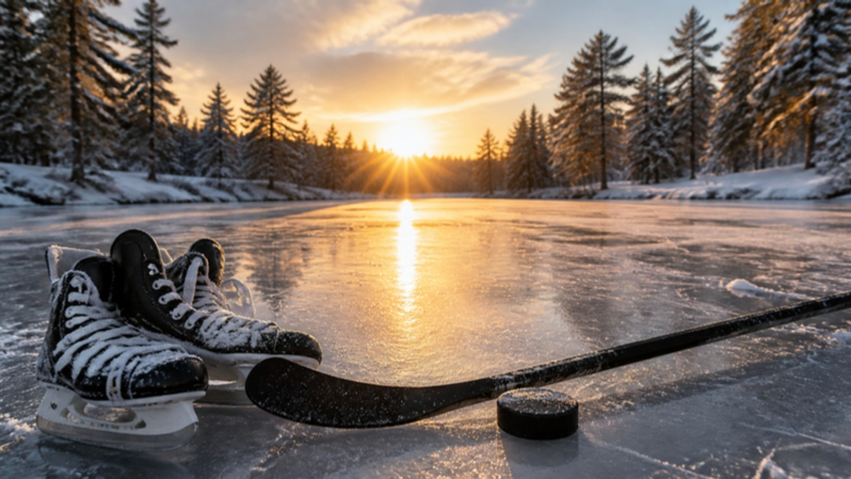 Lago congelado com patins, taco e disco ao pôr do sol
