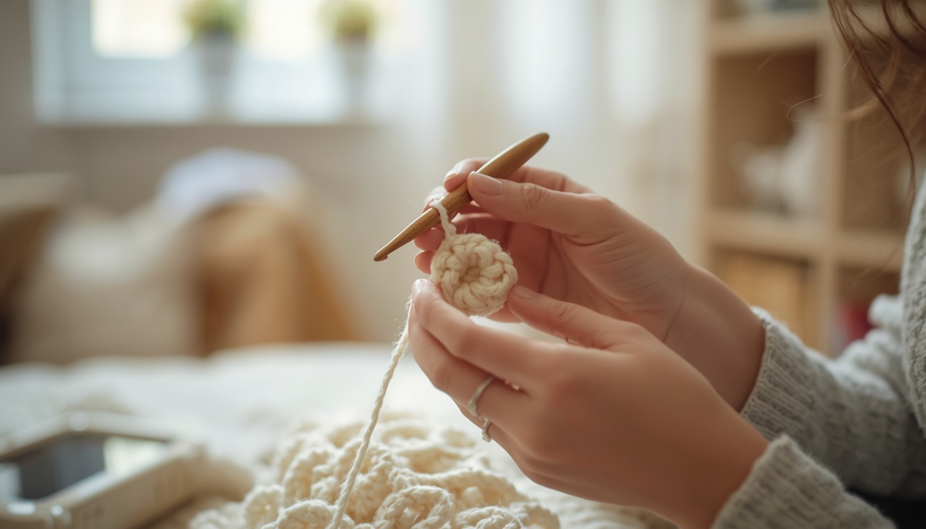 Amigurumi para iniciantes: mãos fazendo crochê em espiral, com agulha de madeira e linha de algodão clara
