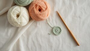 Amigurumi para iniciantes: novelos de algodão em tons pastéis, agulha de crochê e uma peça redonda pequena sobre pano de linho