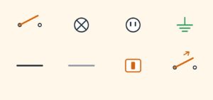 Quiz de símbolos elétricos: oito desenhos, entre eles interruptor, lâmpada, tomada, terra, fio fase, fio neutro, disjuntor e dimmer